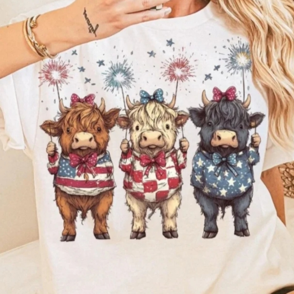White Tee with Patriotic Cow Trio Graphic--this Is Custom Made. Choose Sz Color